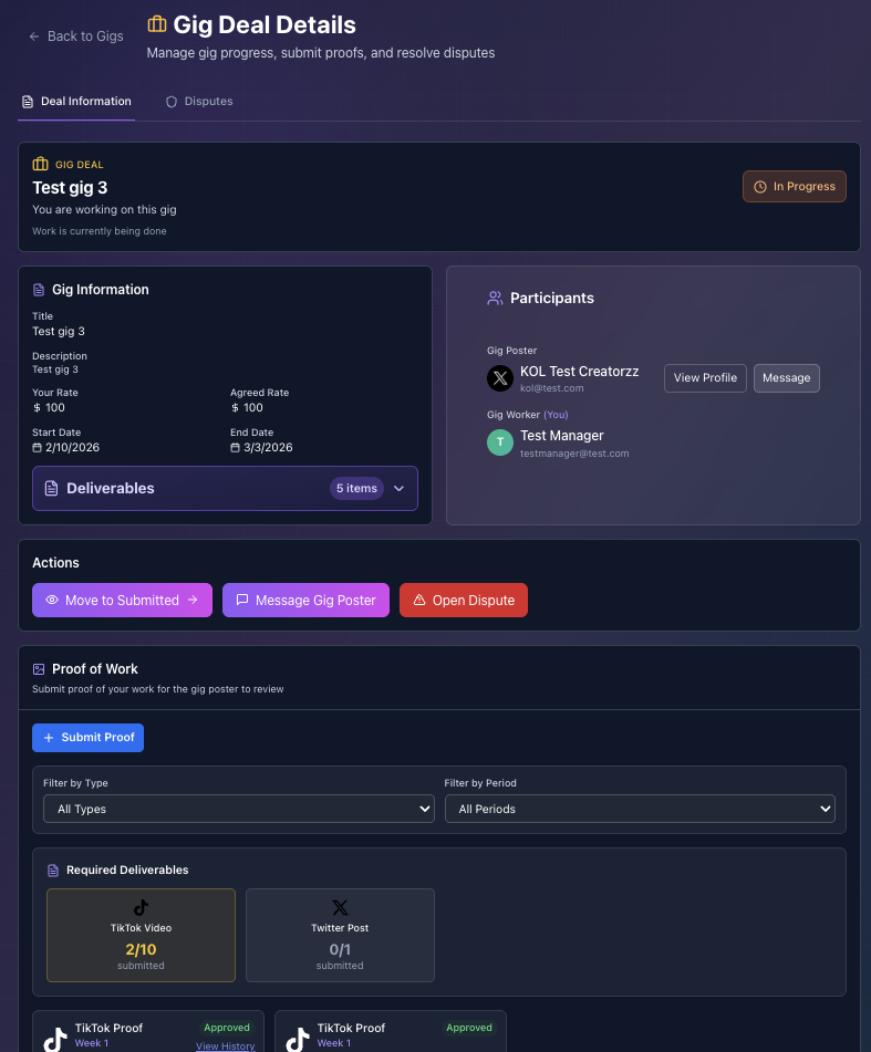 Deal detail screen showing deliverables and proof management