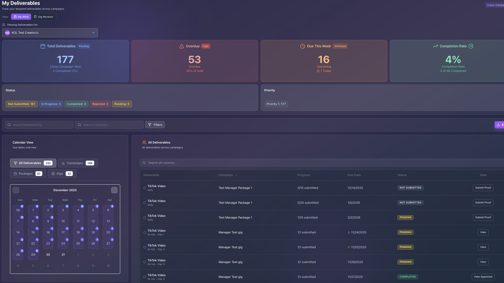 Deliverables tracking with calendar view