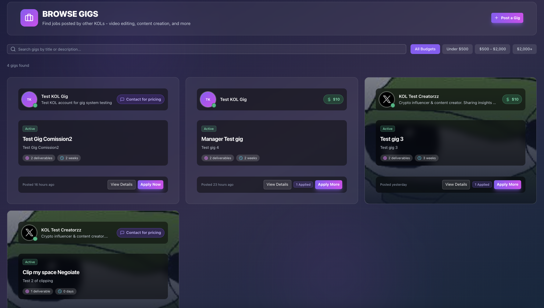 Gig marketplace for creator-to-creator jobs