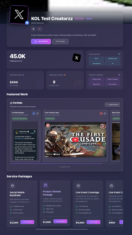 Creator profile with packages